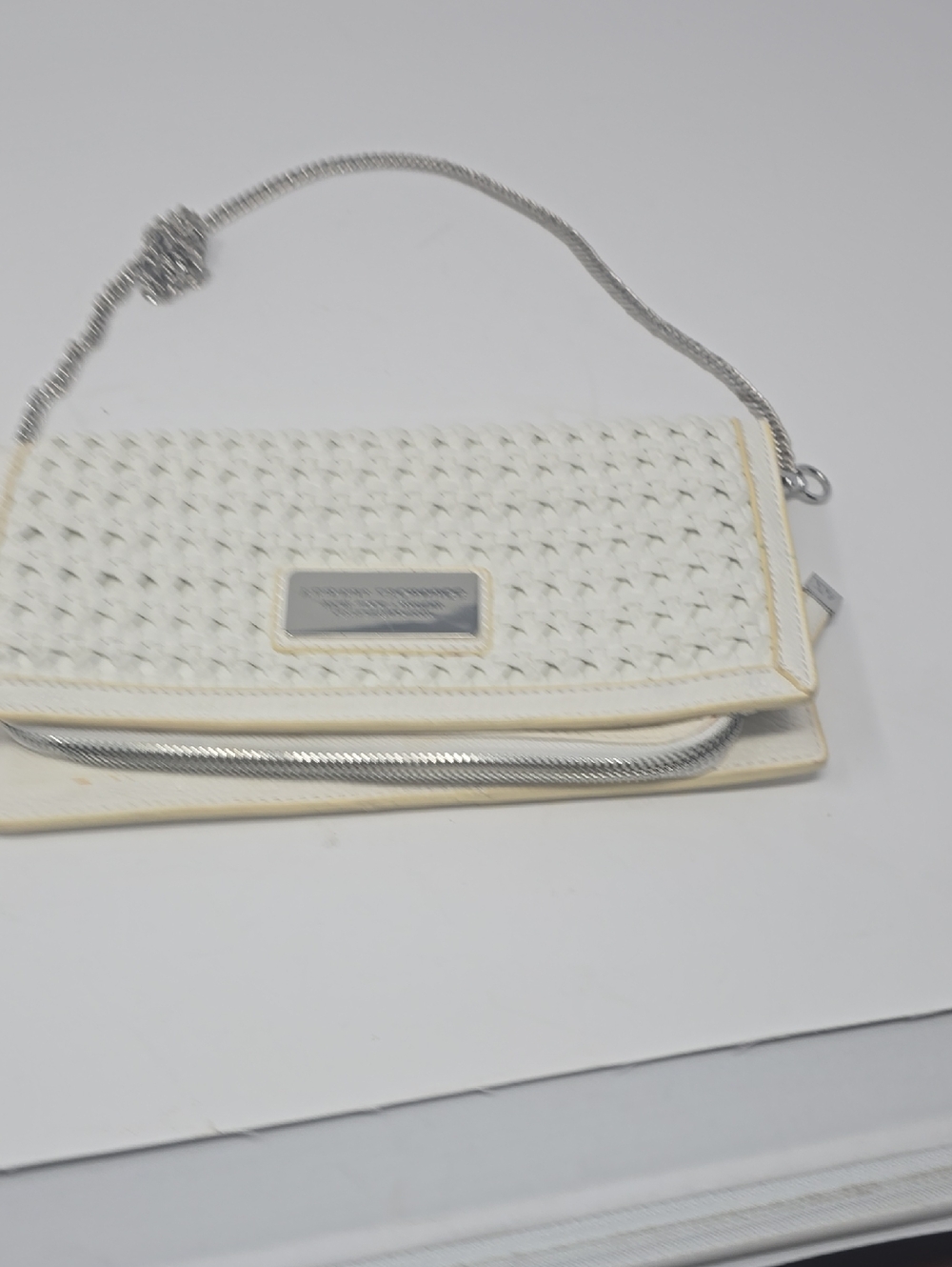 Armani Exchange Cream Woven Clutch with Silver Chain